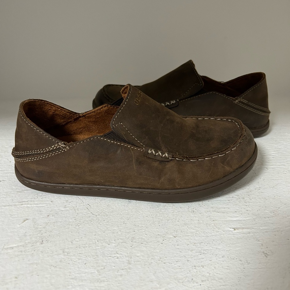OluKai kids Brown Leather Slip-On Loafers